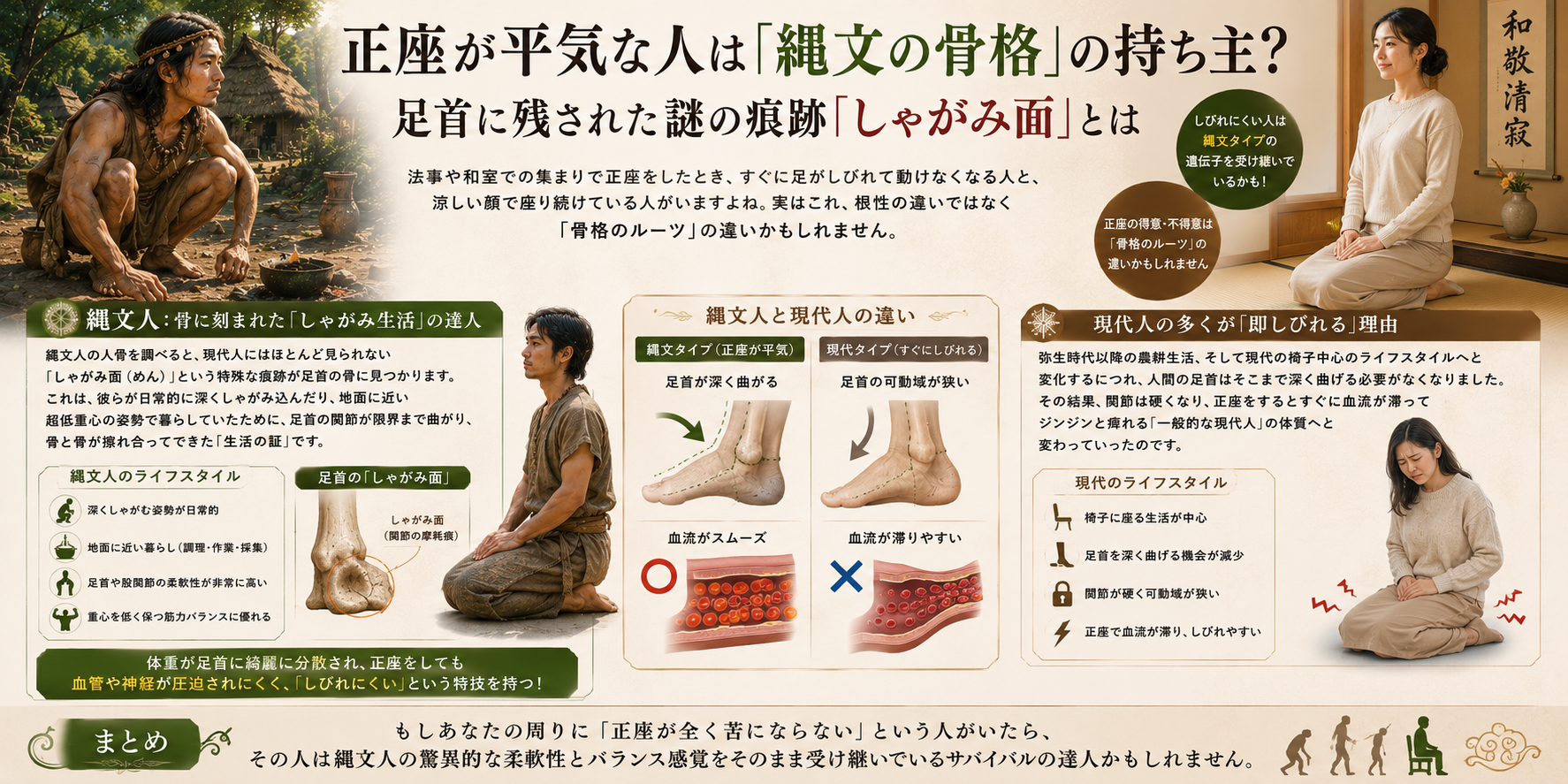 正座が平気な人は「縄文の骨格」の持ち主？足首に残された謎の痕跡「しゃがみ面」とは