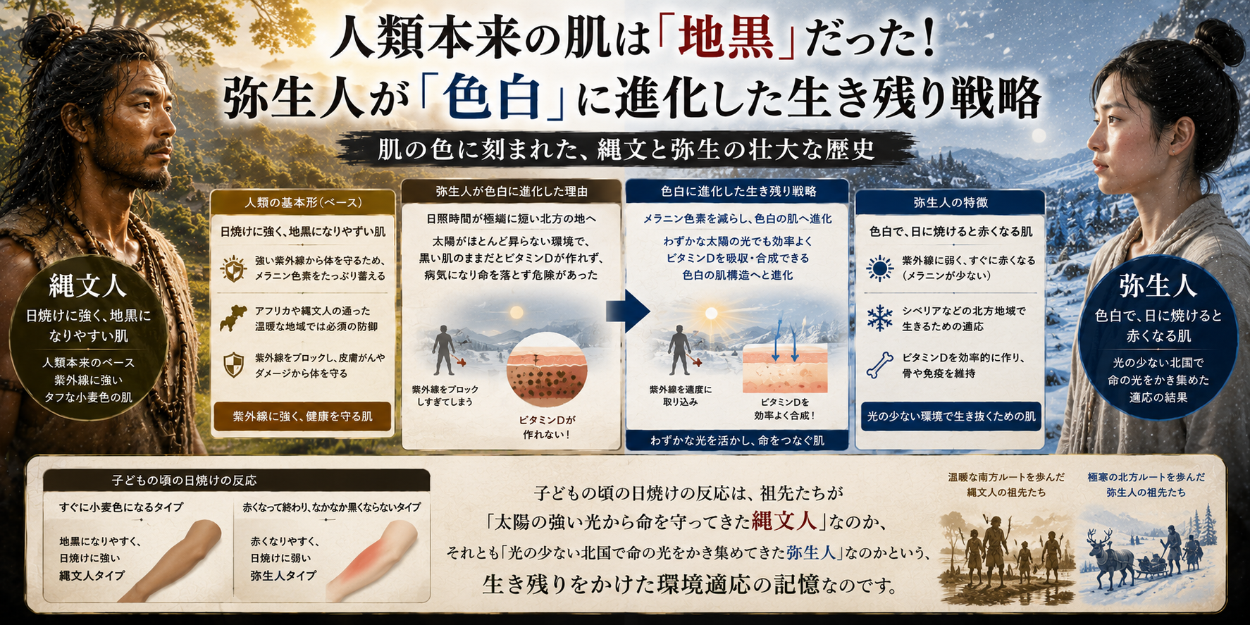 人類本来の肌は「地黒」だった！弥生人が「色白」に進化した生き残り戦略