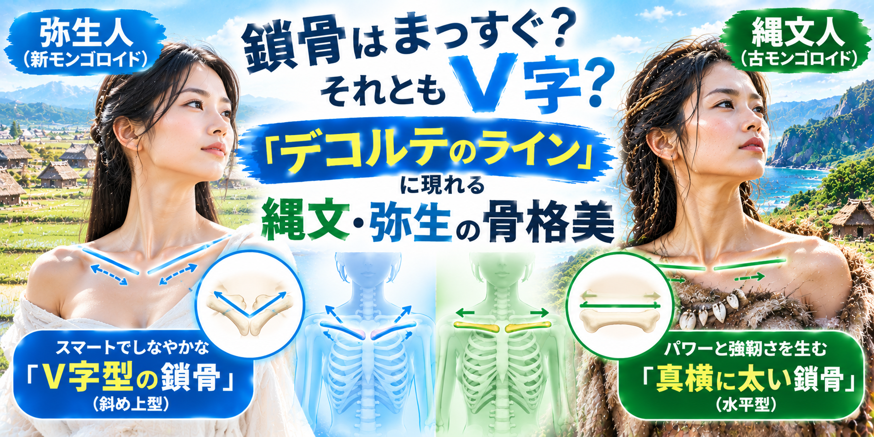 鎖骨はまっすぐ？それともV字？「デコルテのライン」に現れる縄文・弥生の骨格美