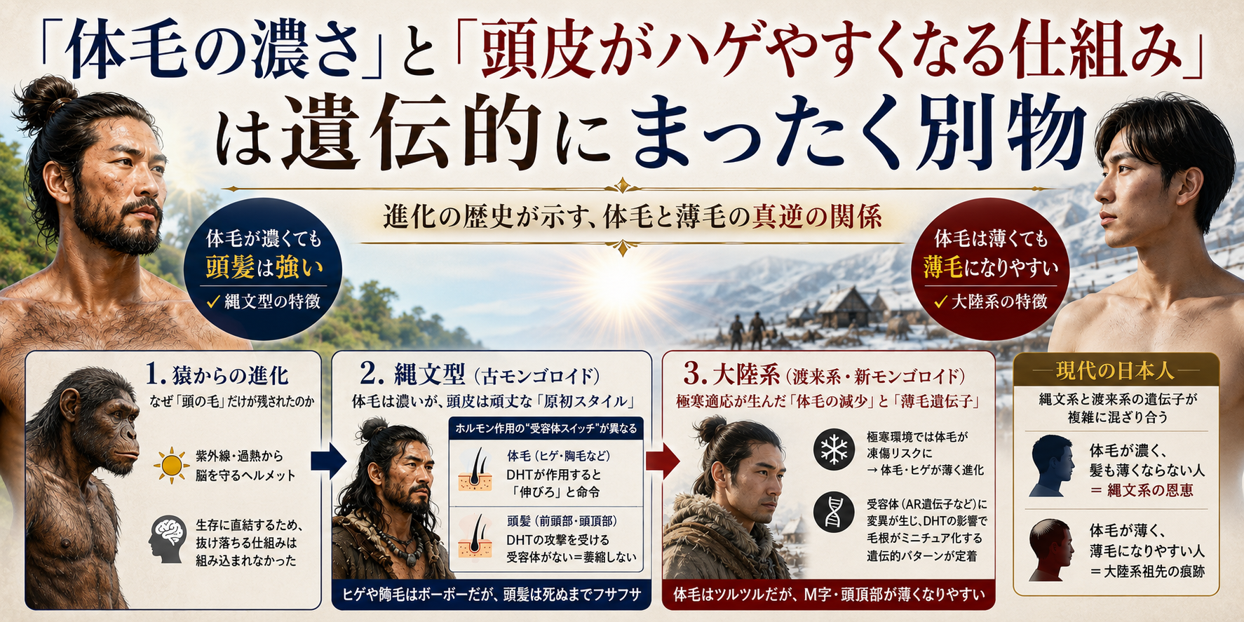 「体毛の濃さ」と「頭皮がハゲやすくなる仕組み」は遺伝的にまったく別物