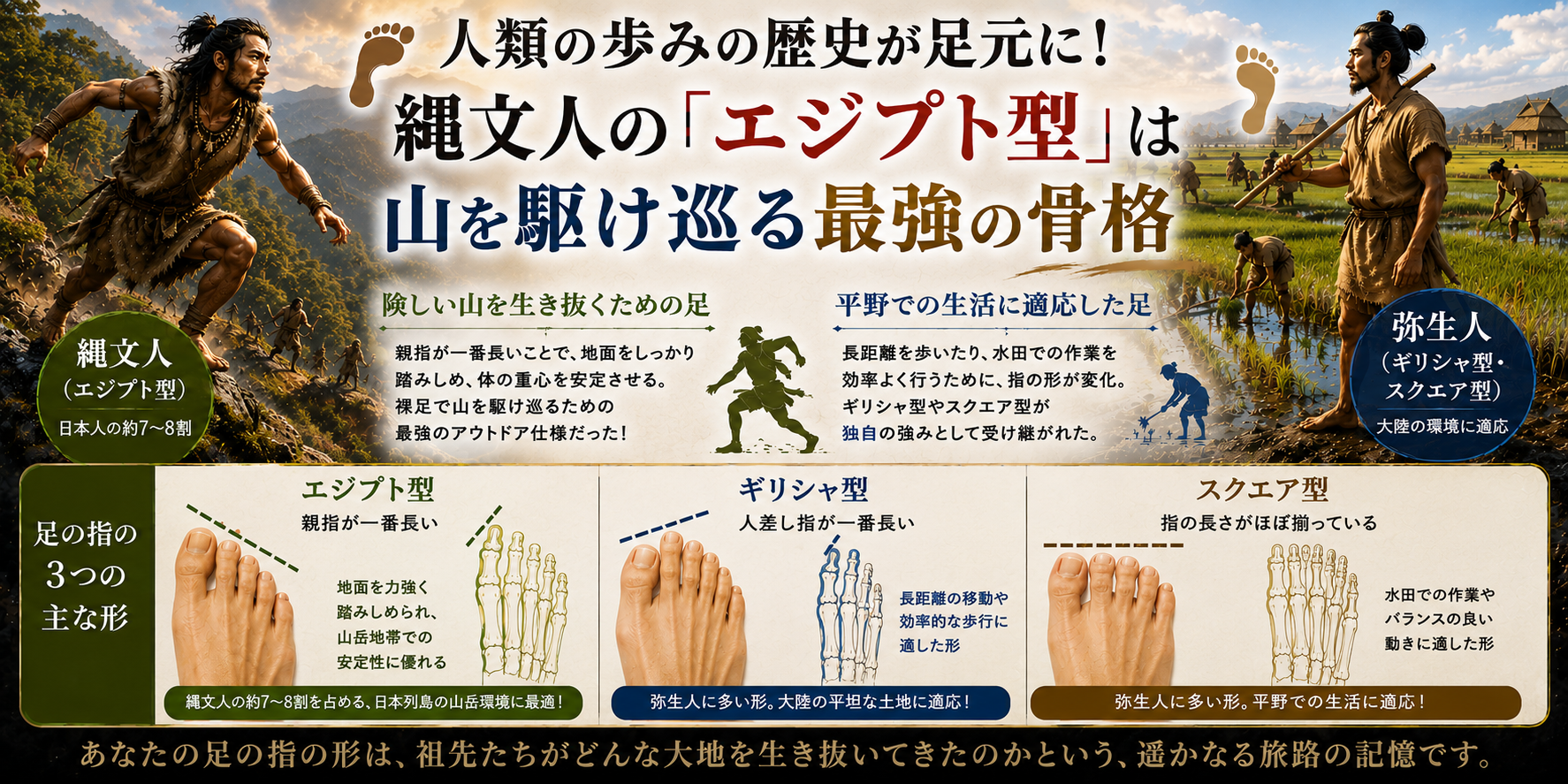 人類の歩みの歴史が足元に！縄文人の「エジプト型」は山を駆け巡る最強の骨格