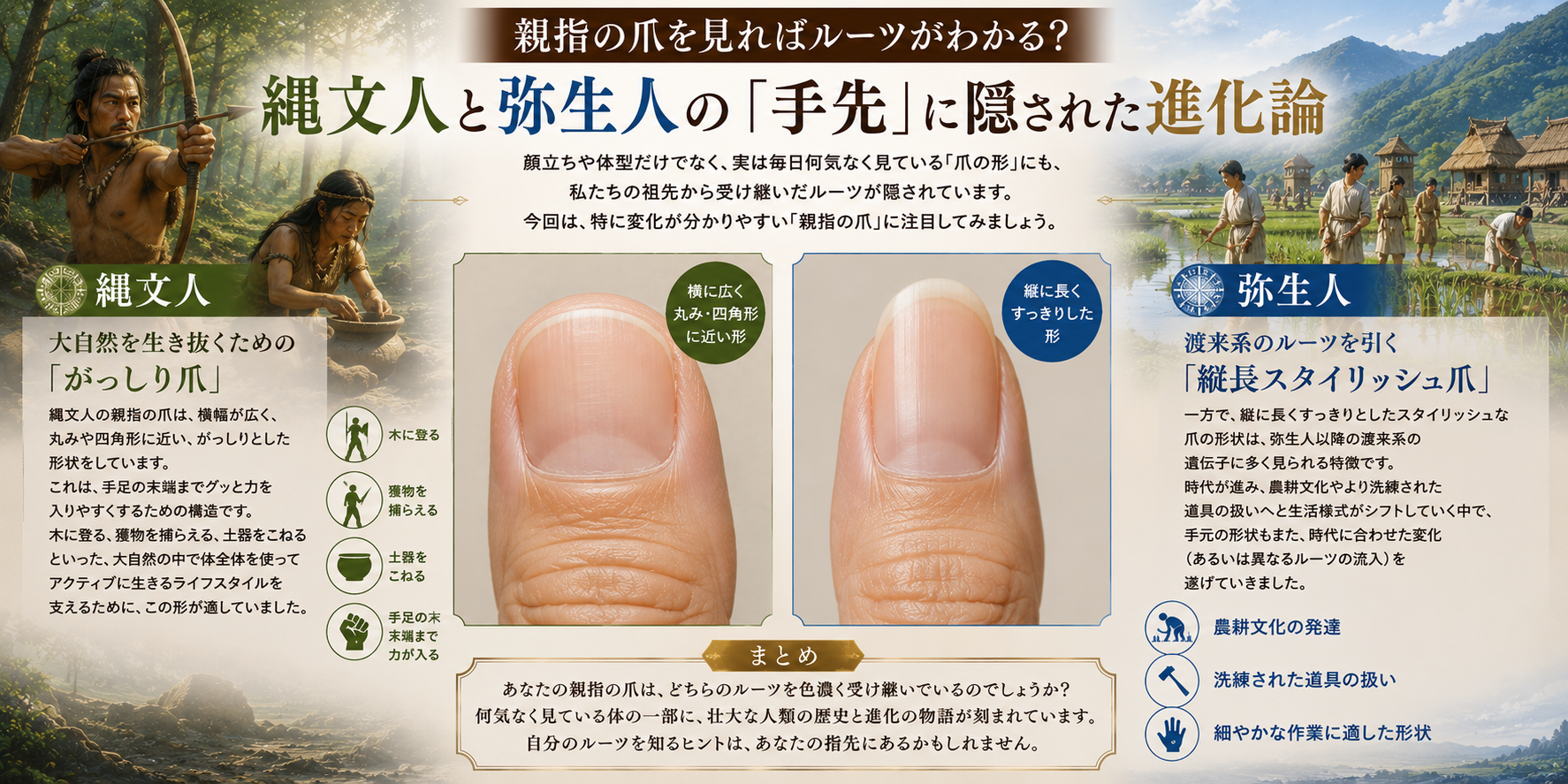親指の爪を見ればルーツがわかる？縄文人と弥生人の「手先」に隠された進化論