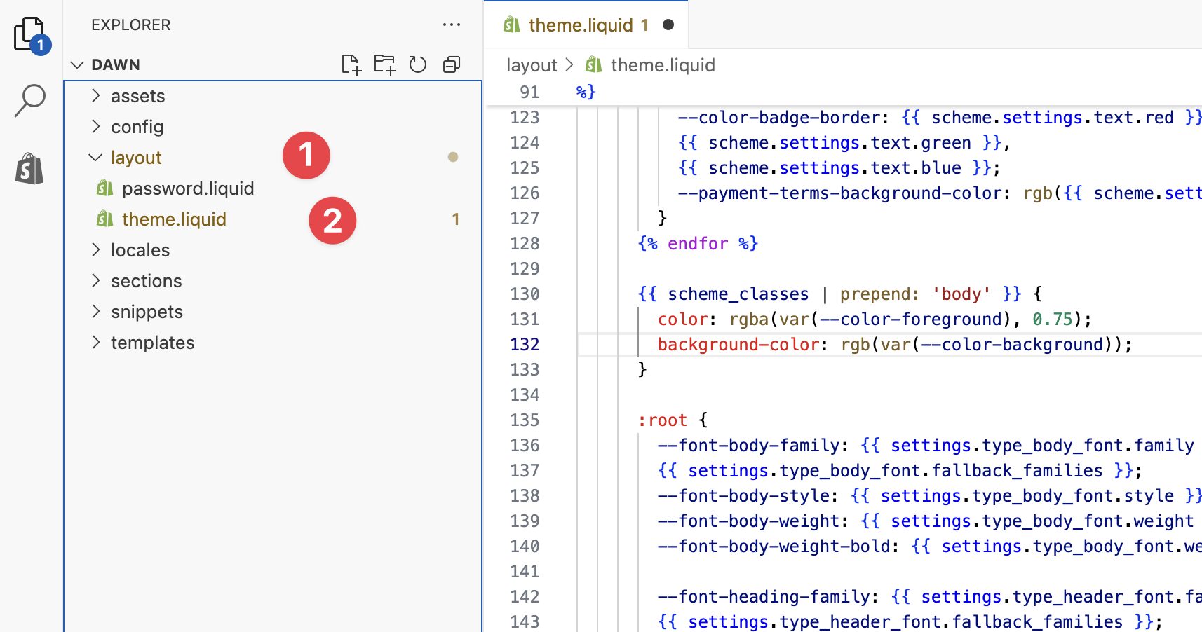 「theme.liquid」を選択する
