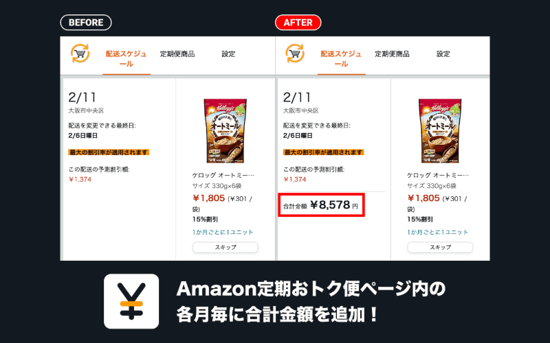Amazon定期おトク便の合計金額表示のスクリーンショット