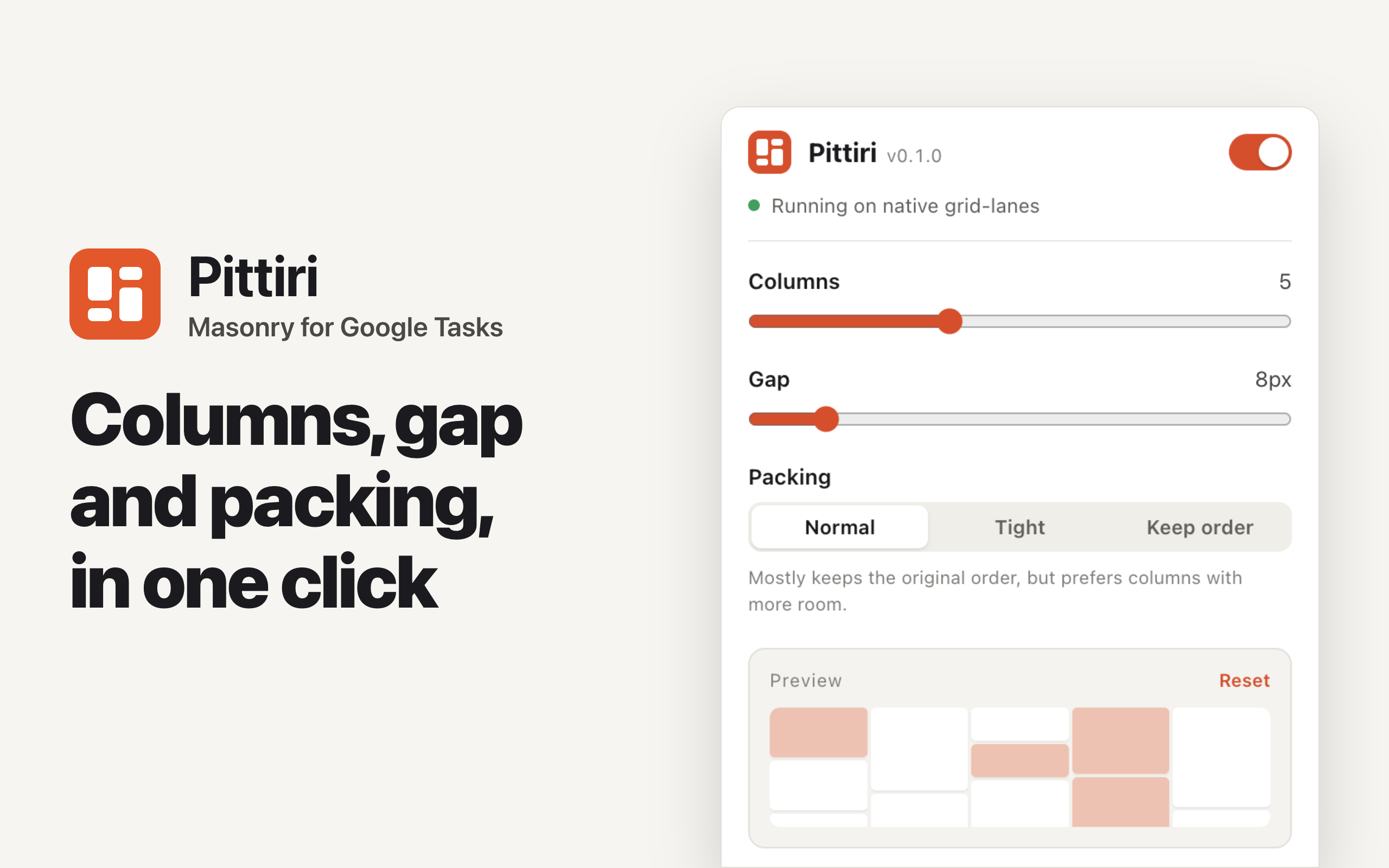 Adjust columns, gap and packing in one click