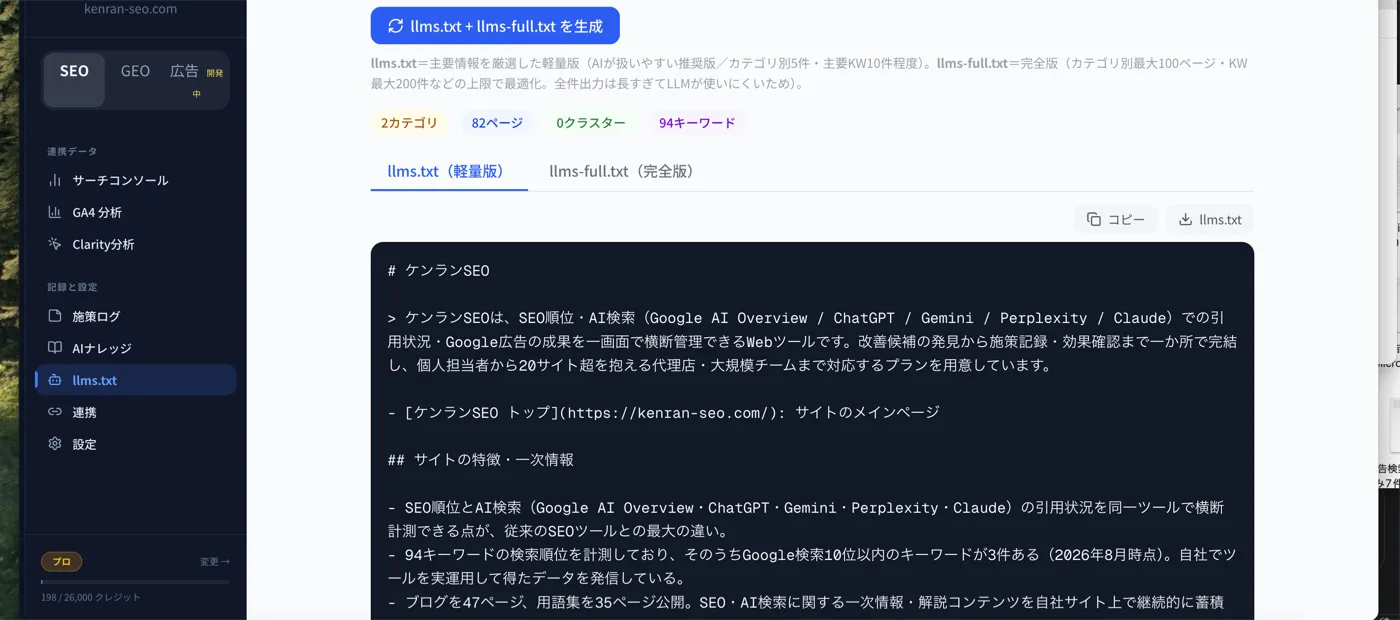 ケンランSEOで生成した llms.txt のプレビュー。サイト名・要約・サイトの特徴が表示されている