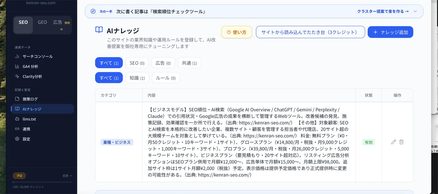 ケンランSEOのAIナレッジ画面。「サイト参照でナレッジを作る」ボタンと、サイトから読み込んだ業種・ビジネスのナレッジ