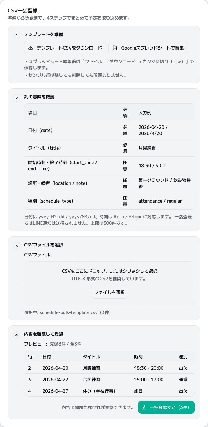 CSV一括登録モーダル（テンプレート・プレビュー・一括登録）