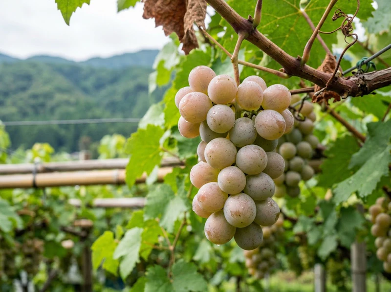 日本のブドウ畑で実るワイン用ブドウ
