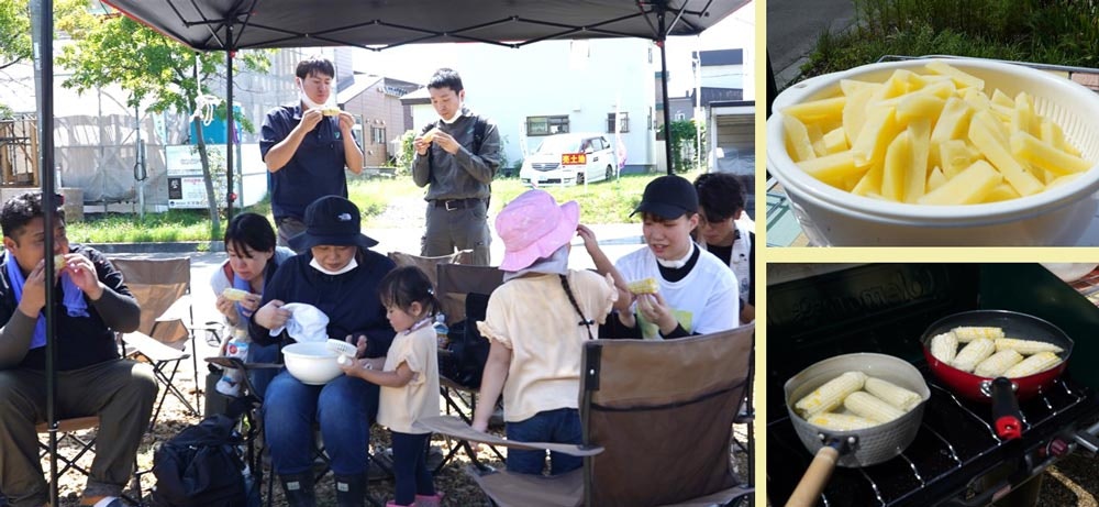 収穫した野菜を食べるヤブシタ社員