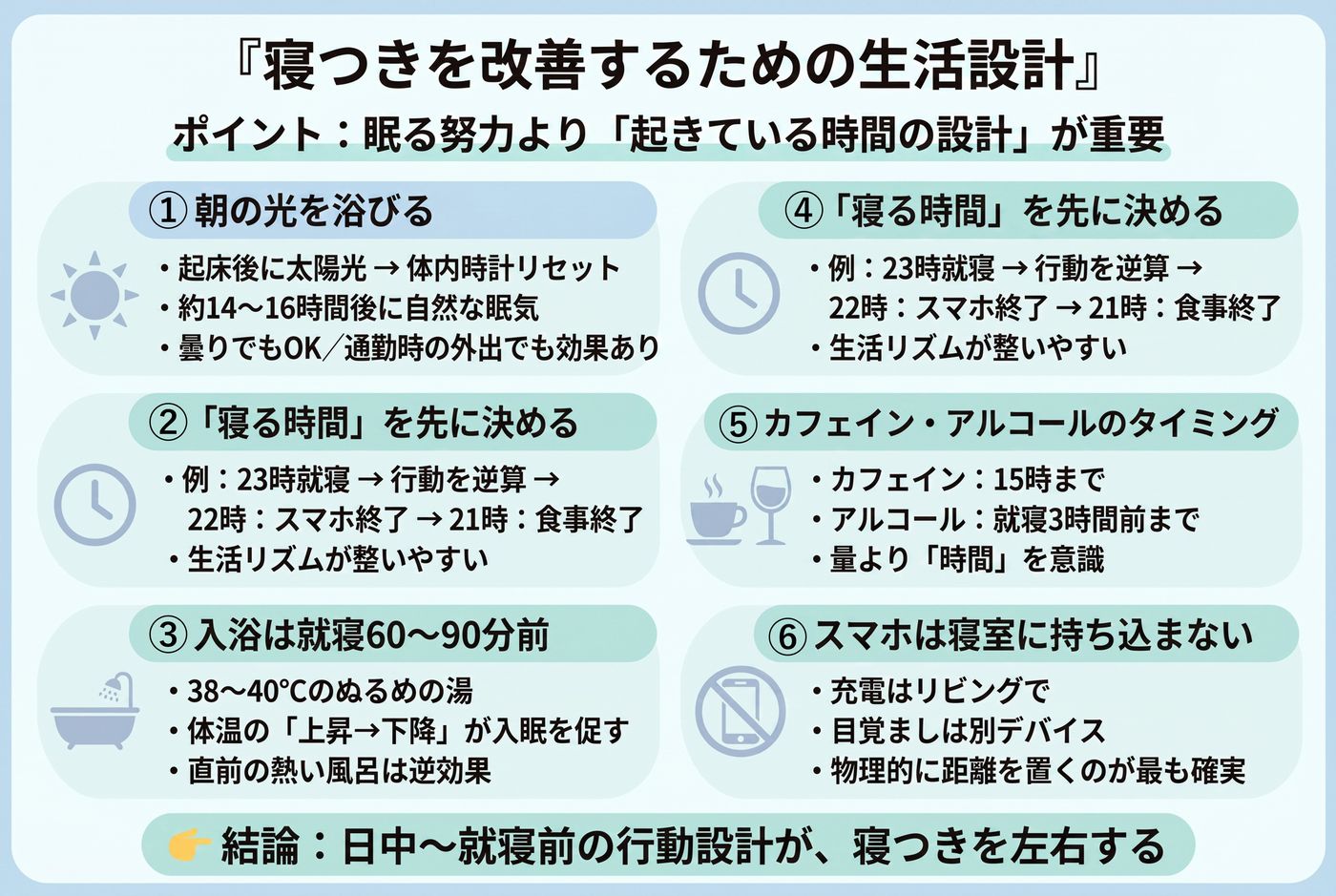「寝つきが悪い」状態を改善するために、日常生活の中で取り入れやすい工夫があれば教えてください