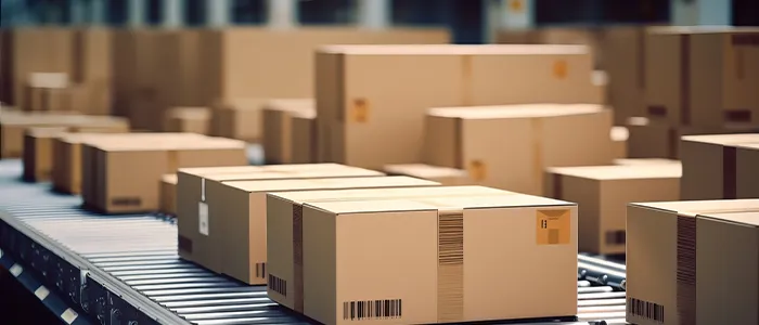 ベルトコンベアで運ばれる荷物