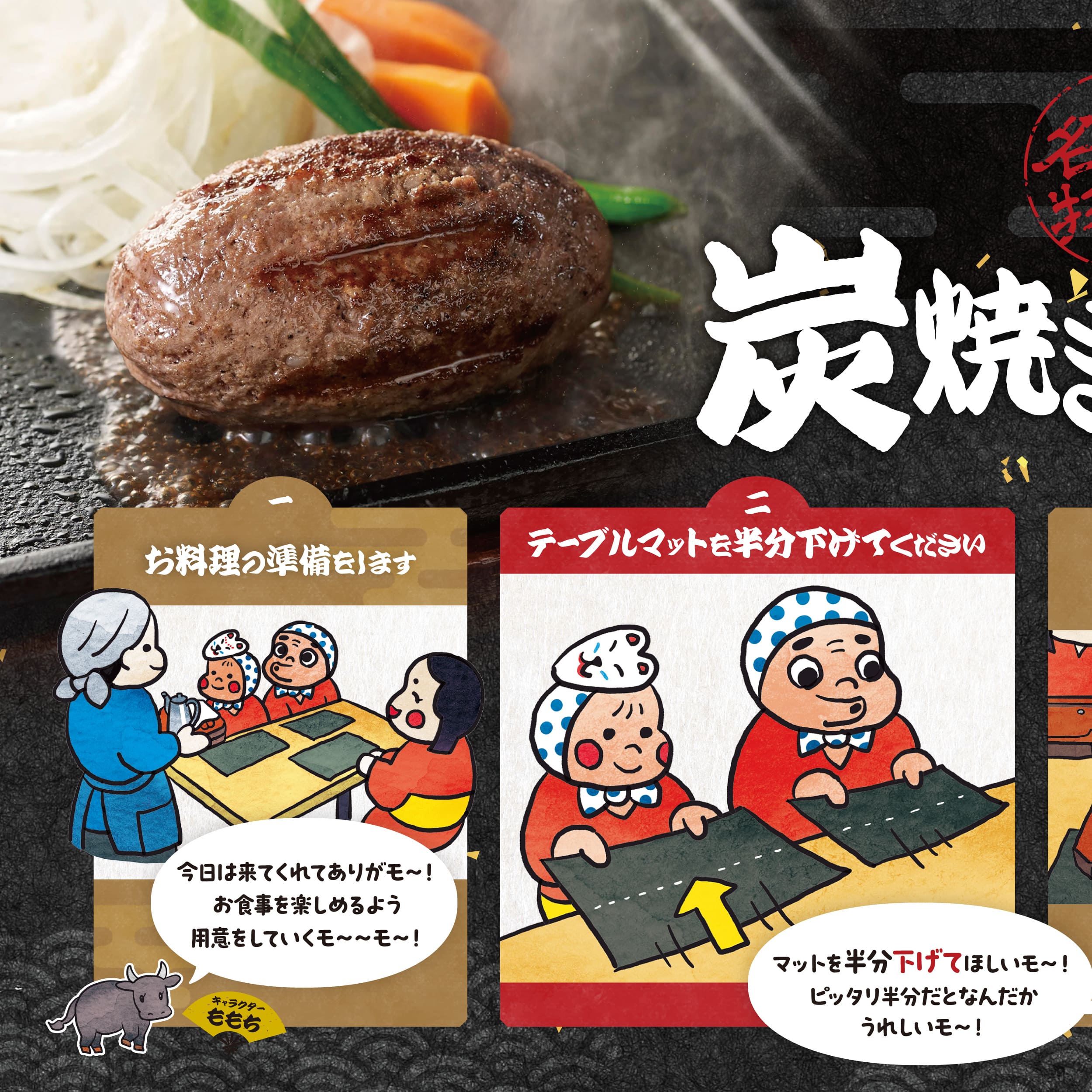 平家の郷　ハンバーグ提供の流れ 説明用POPデザイン