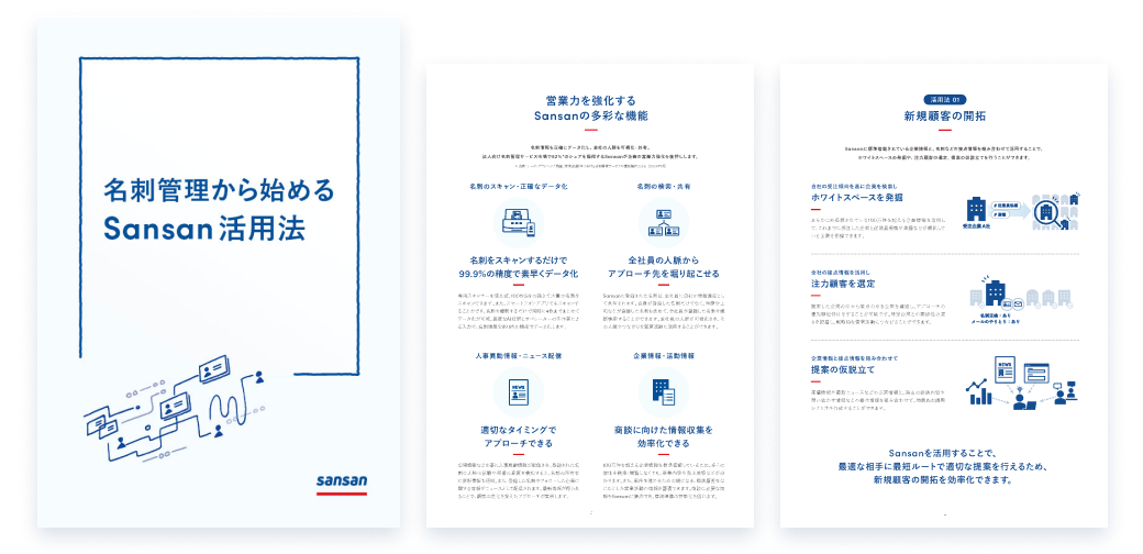 名刺管理から始めるSansan活用法名刺管理をはじめとした営業DXサービス「Sansan」の多彩な機能や価格体系がわかる資料です。
