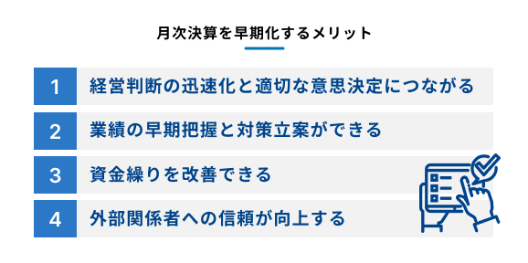 月次決算を早期化するメリットを説明する図