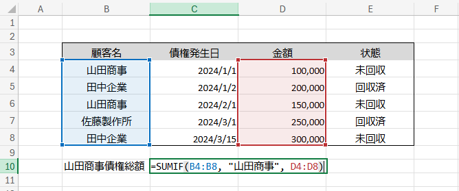 SUM IF関数で計算する数式が表示されている債権管理表