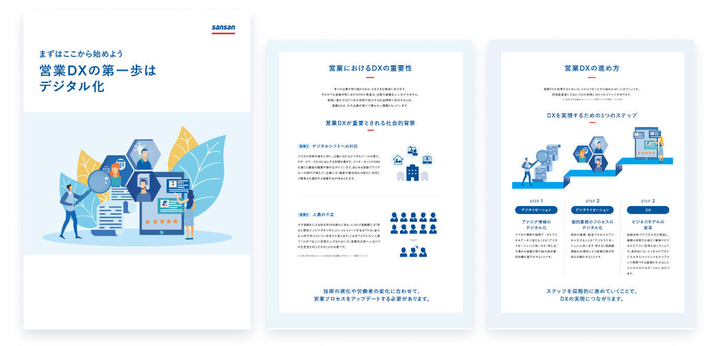 営業DXの第一歩はデジタル化営業におけるDXの重要性や、営業DXを実現するために、どのようなことから始めればいいかを紹介した資料です。