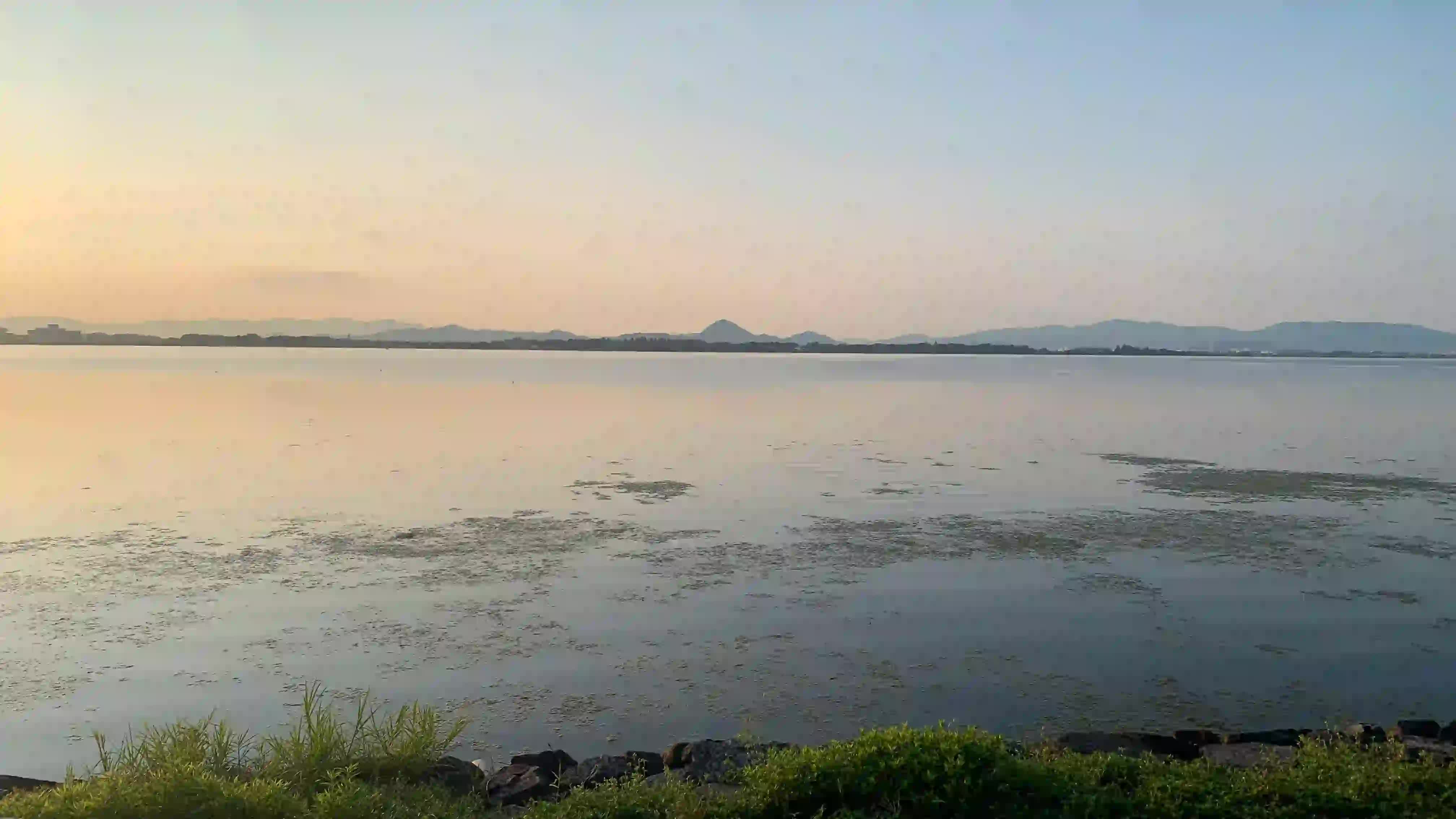 早朝の湖岸は静かなたたずまい。中央は三上山