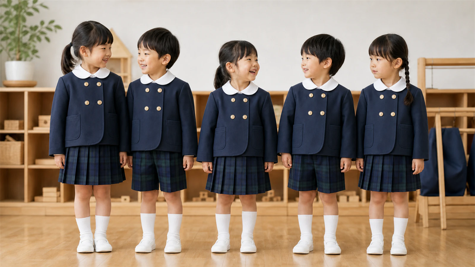 キリンジの冬制服を着た5人の園児を並べ、旧制服との併用や仕様統一を検討するイメージ