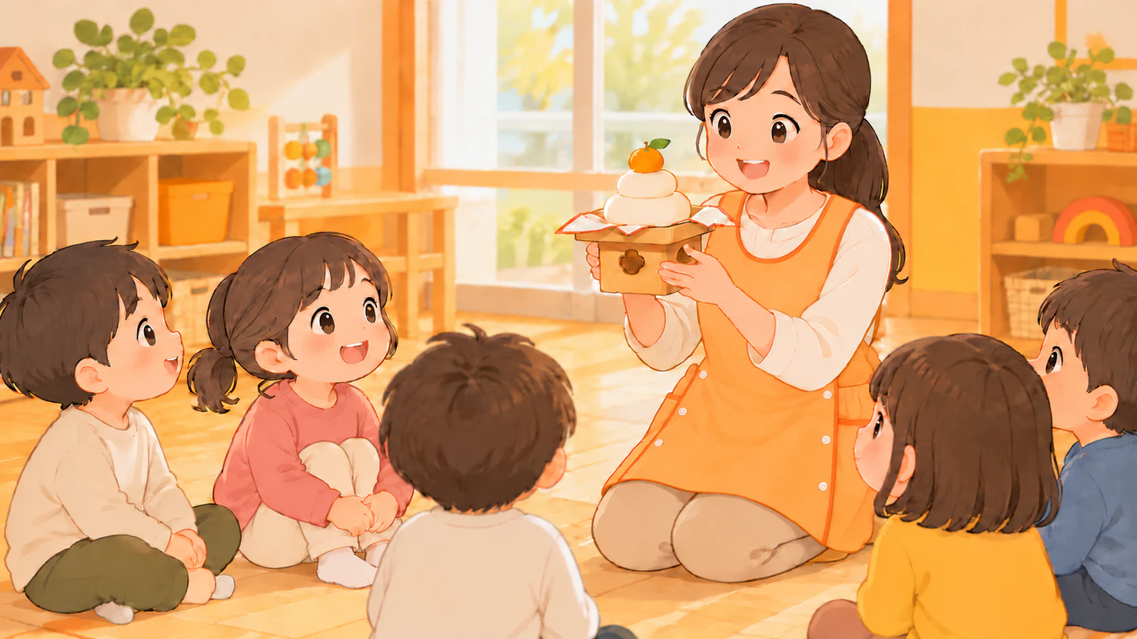 保育室で、先生が小さな鏡餅を見せながら話し、普段着の子どもたちが床に座って見ている様子