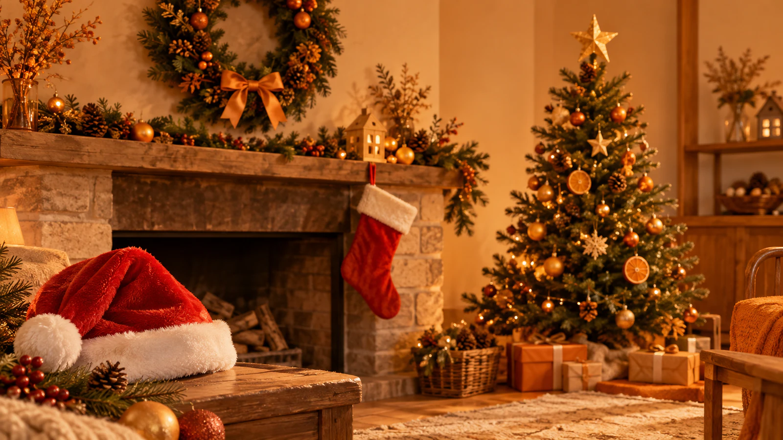 暖炉の前に下げた赤い靴下、星を飾ったクリスマスツリー、常緑樹のリース、サンタクロースの帽子を並べた情景