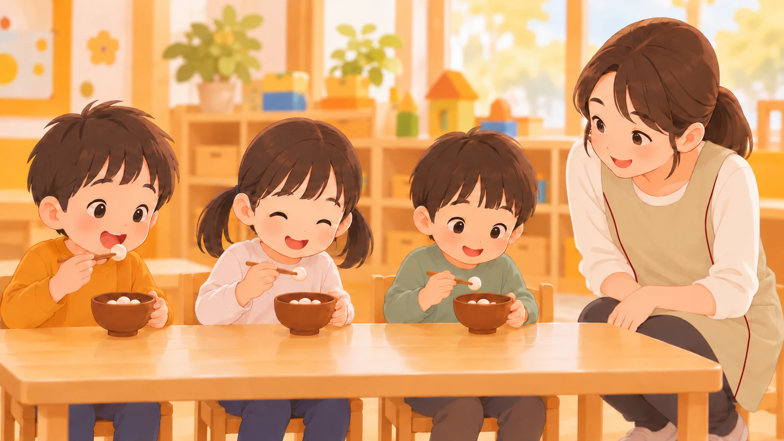 小さく丸めた餅を入れたお椀を前に、普段着の子どもたちがいすに座り、先生がそばで見守る食事の様子