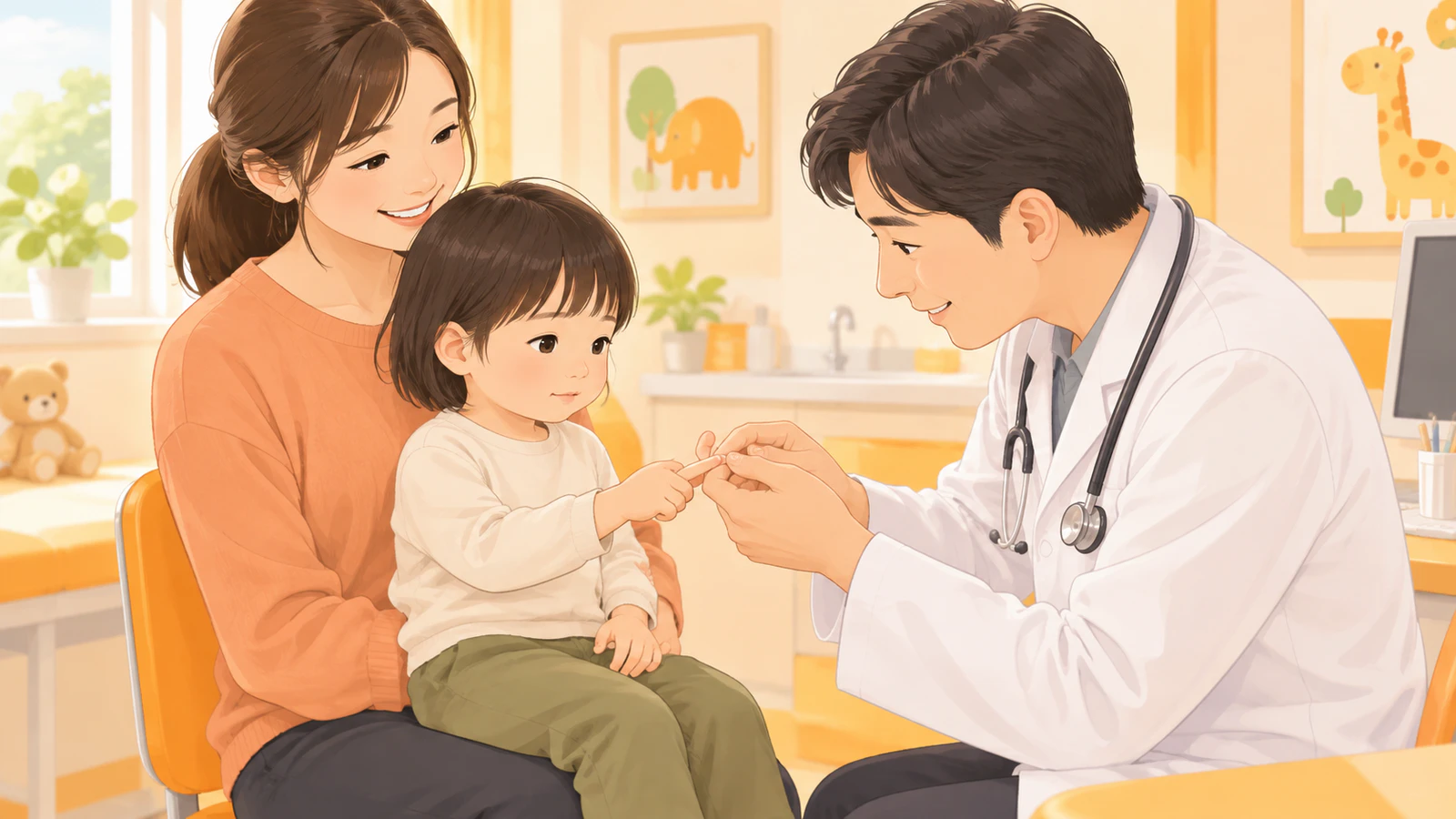 小児科の診察室で、保護者のひざに座った子どもの指先を、医師がやさしく見ている様子