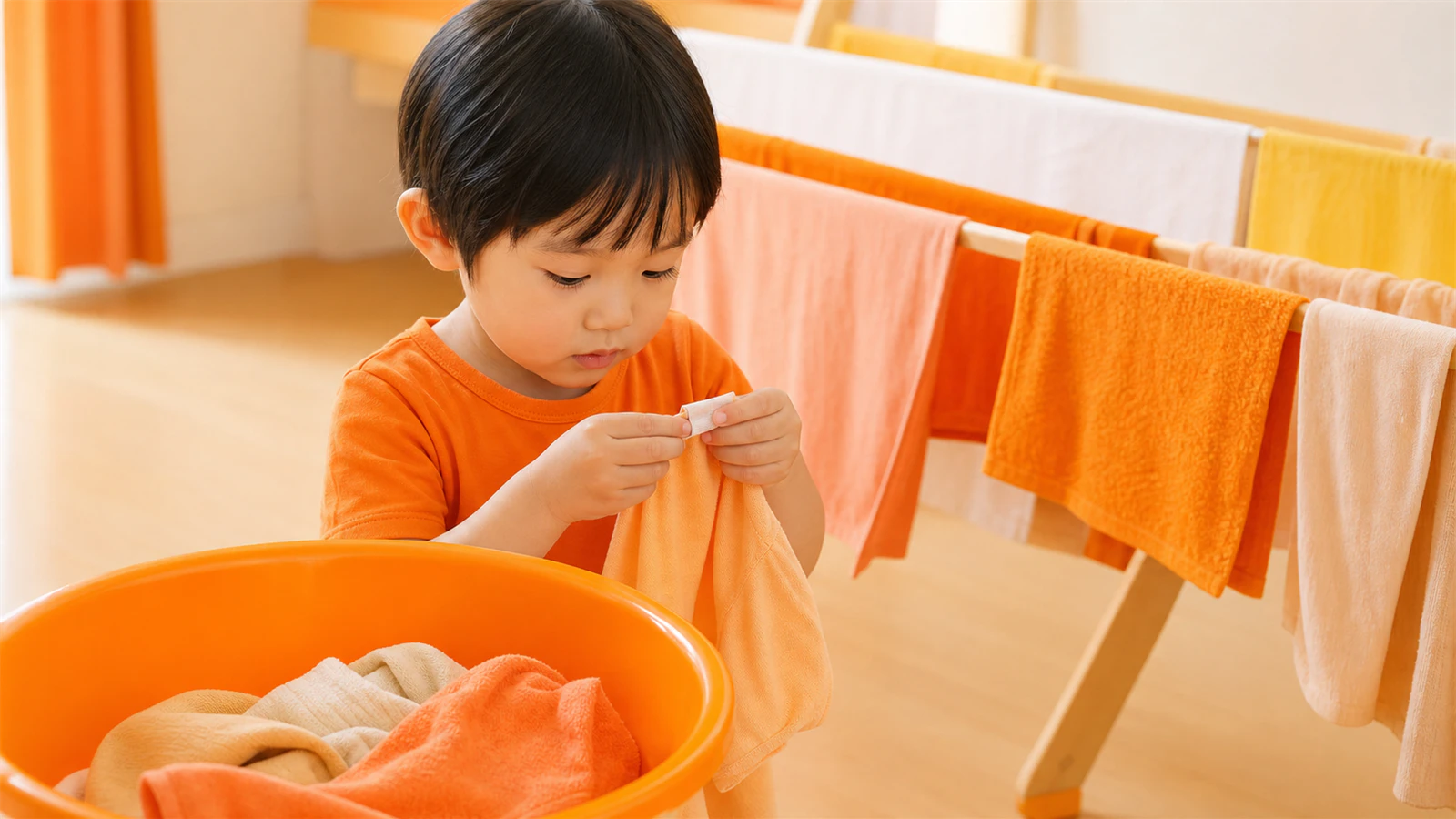 子どもが衣服の表示と洗う干すの道具を観察する服育活動