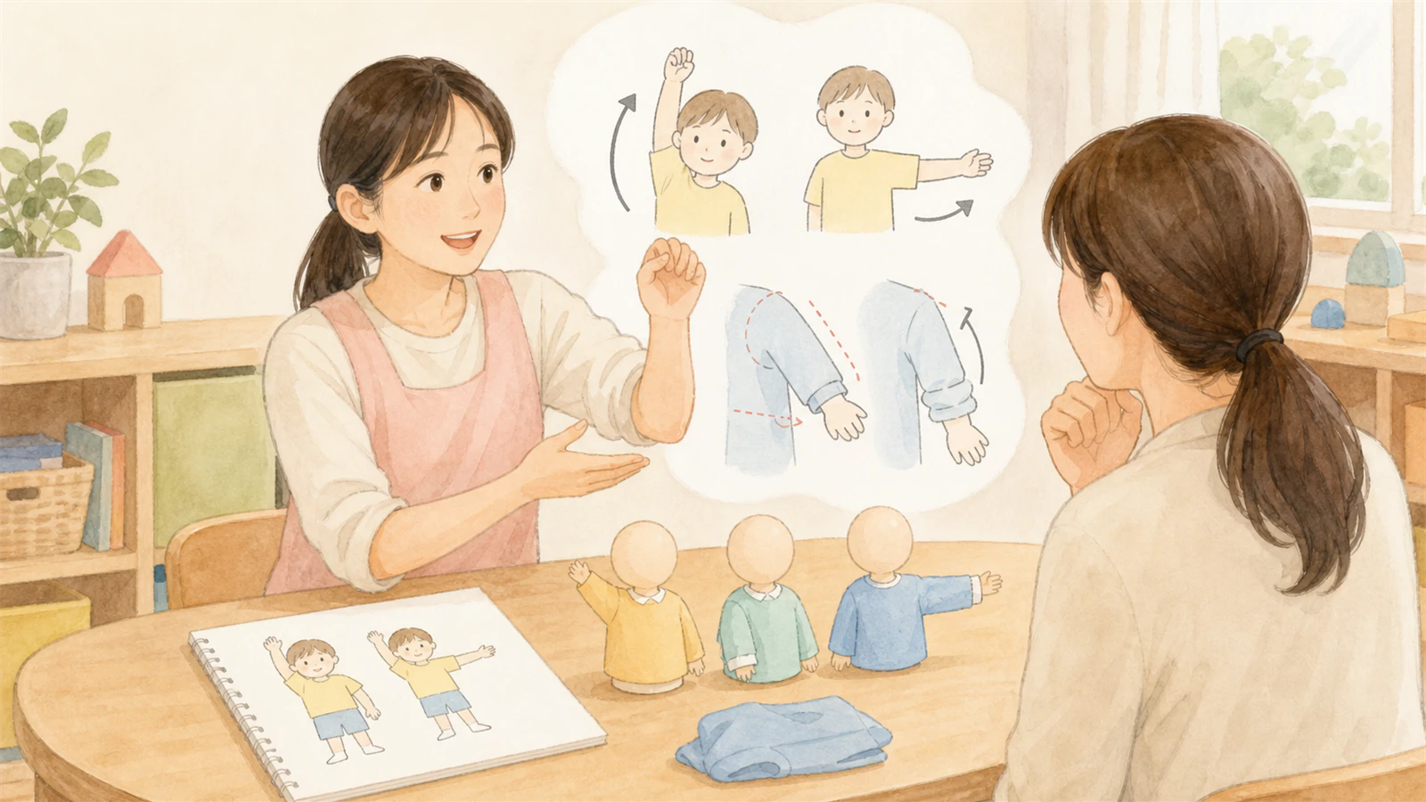 先生が保護者へ子どもの具体的な動作をもとにサイズ相談する場面