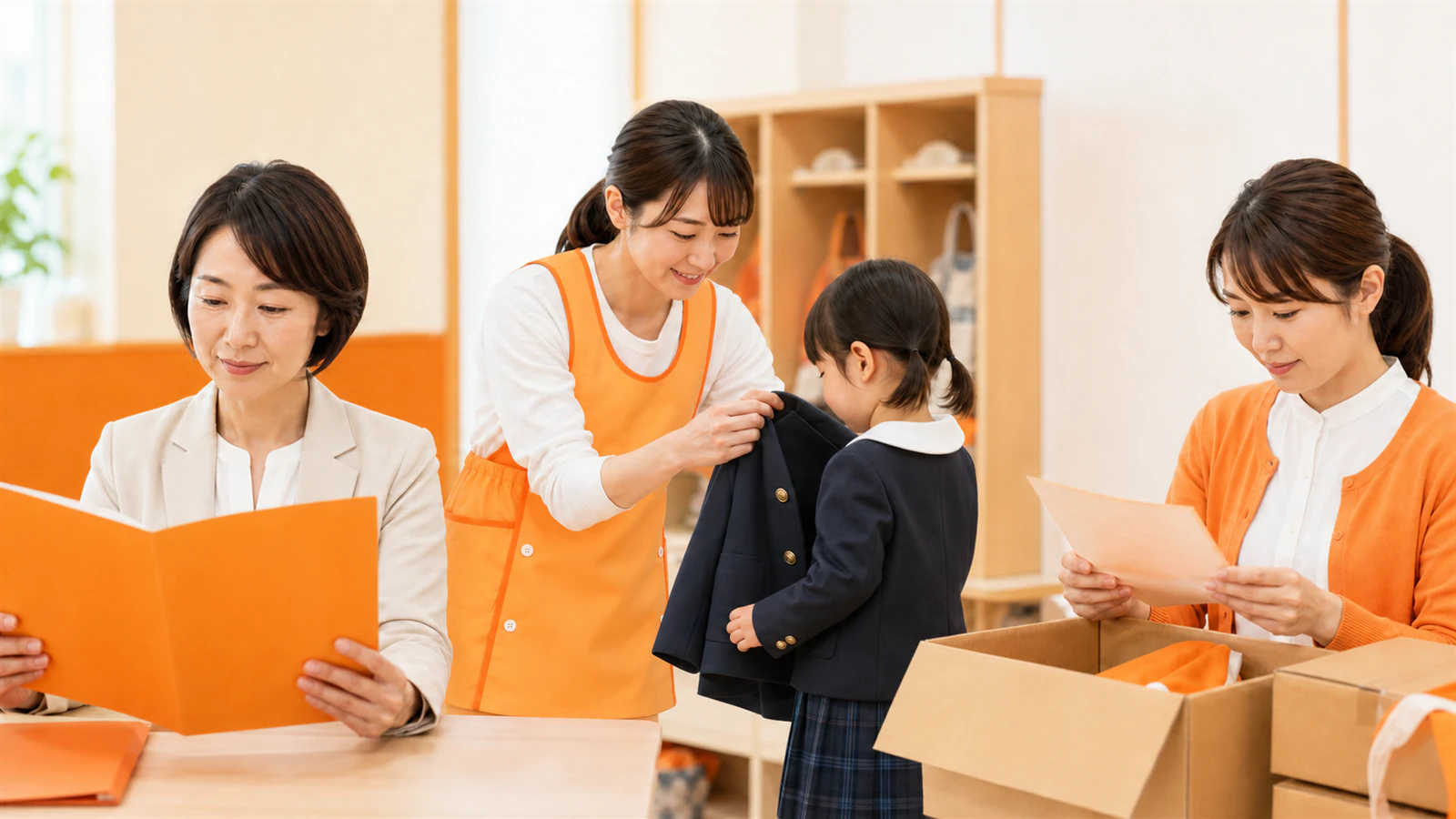 園長と担当者が資料を確認する横で、先生が子どもにキリンジの冬制服を試着させる様子