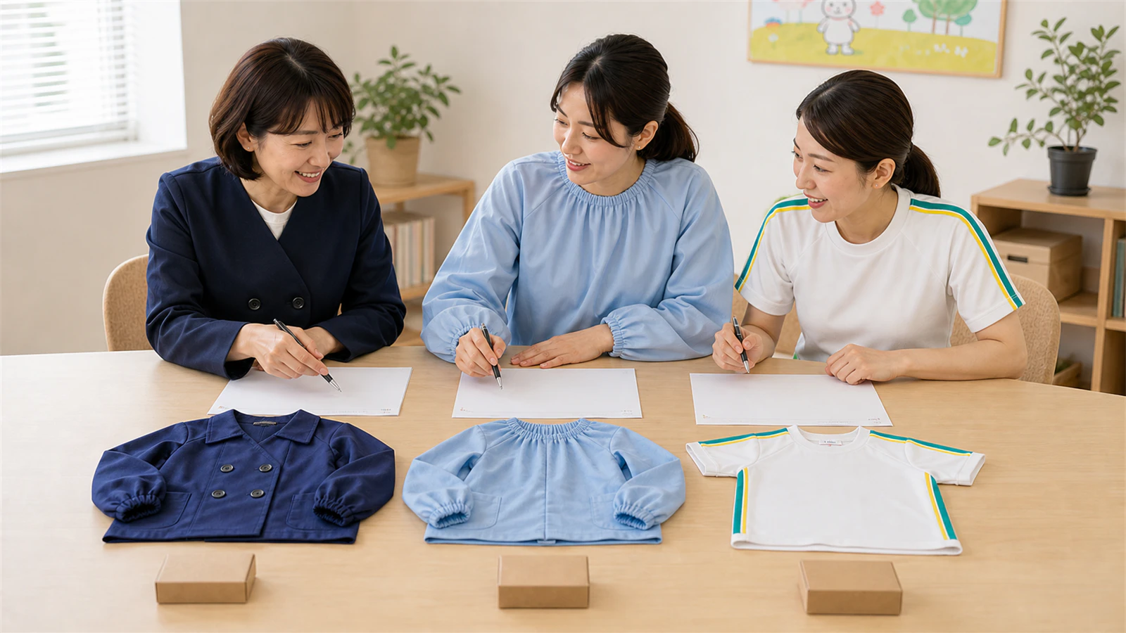 同じキリンジ園服・スモック・体操服を基準に、三つの見積条件を比較する園の担当者