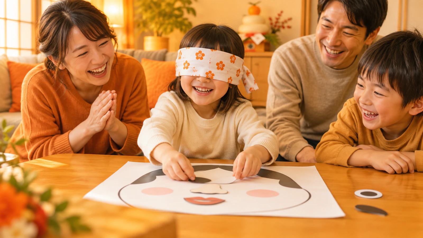 家庭の居間で、親子が手作りの福笑いを囲んで笑い合う様子