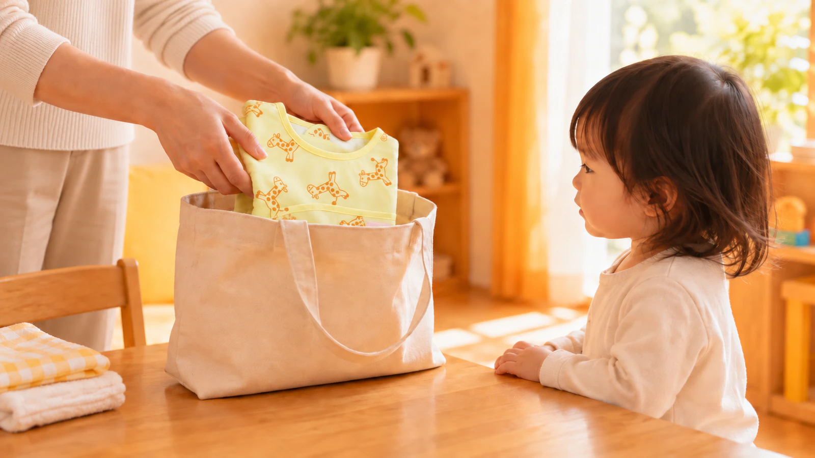 朝の支度で、保護者の手がたたんだキリン柄の食事用エプロンを布の手さげ袋に入れ、そばで子どもが見ている様子
