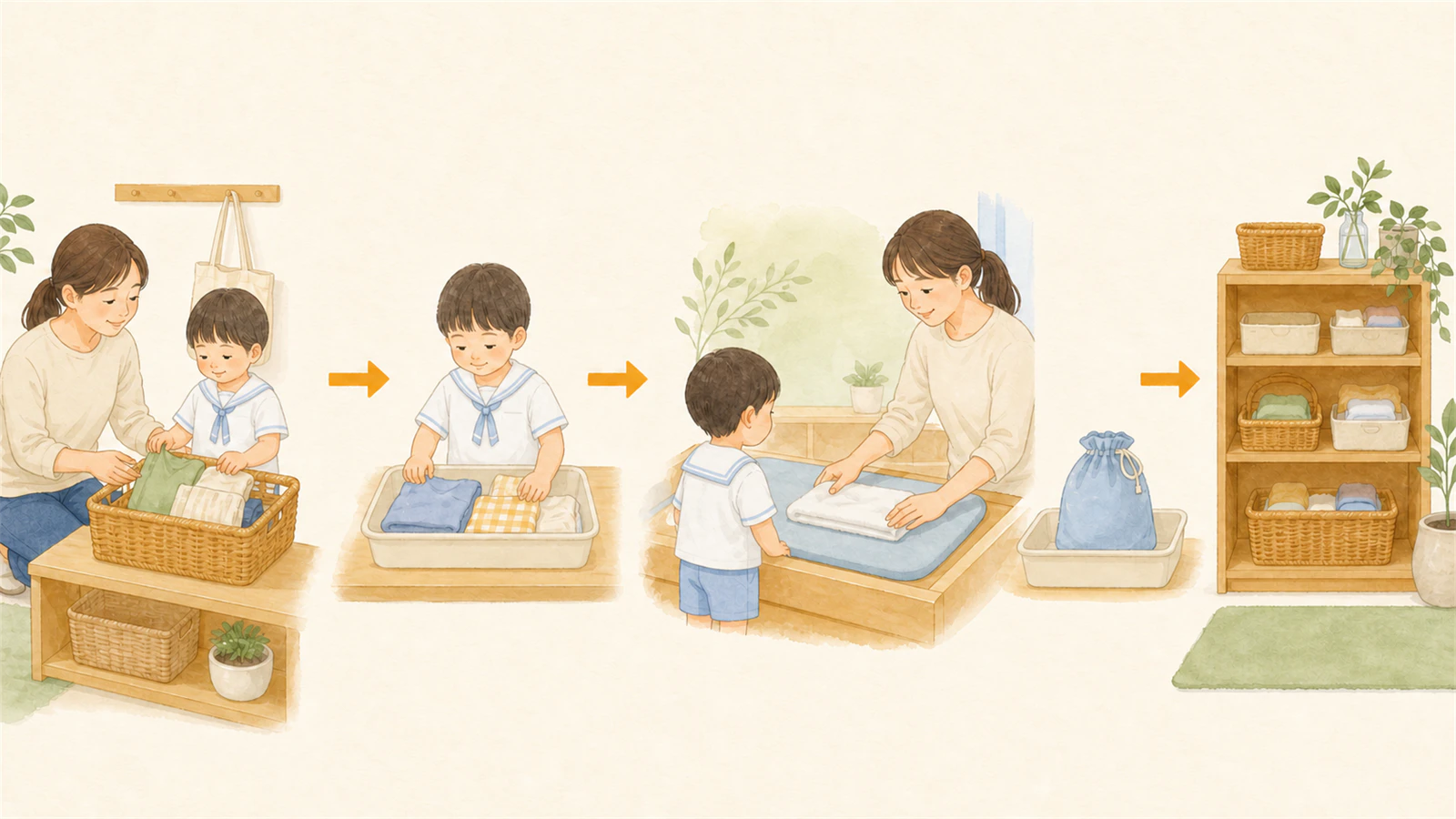 受取、仕分け、着替え、濡れ物、返却の一方向動線