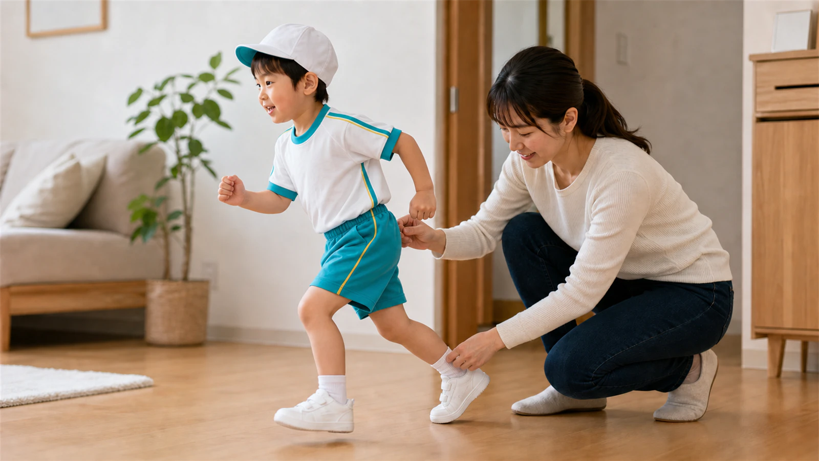 キリンジの体操服を着て走る子どものウエストと足元を保護者が確認する様子