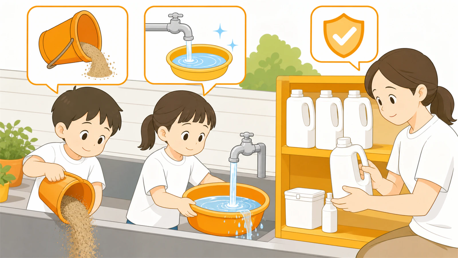 園児が砂落としとすすぎ確認を手伝い、大人が洗剤を管理する工程