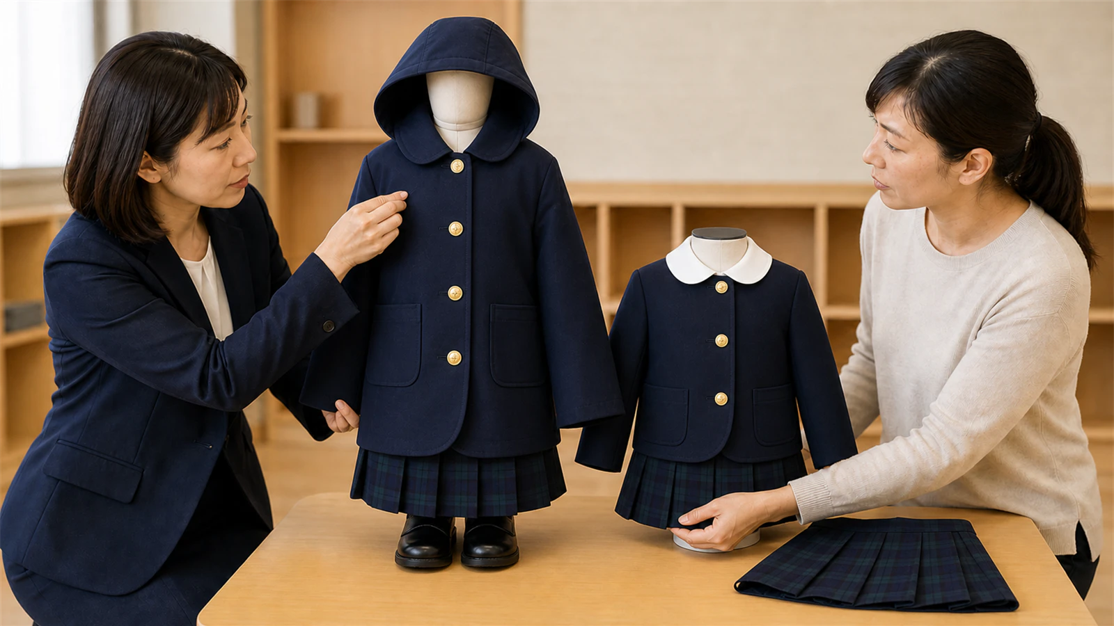 キリンジの冬制服見本について、襟・ボタン・丈・チェック柄を園長と保護者が確認する様子
