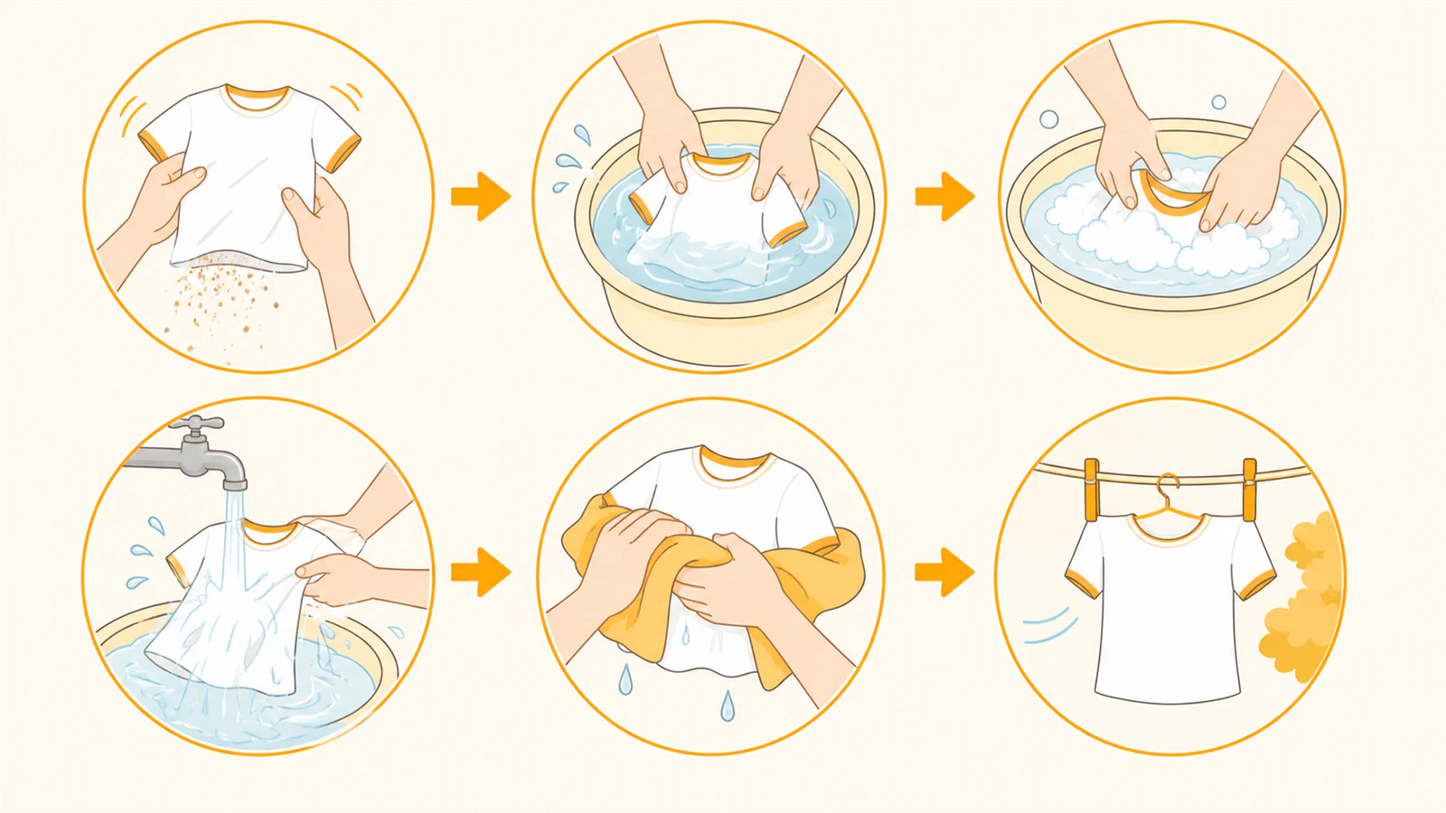 砂落とし、予洗い、洗剤洗い、すすぎ、水切り、陰干しの工程