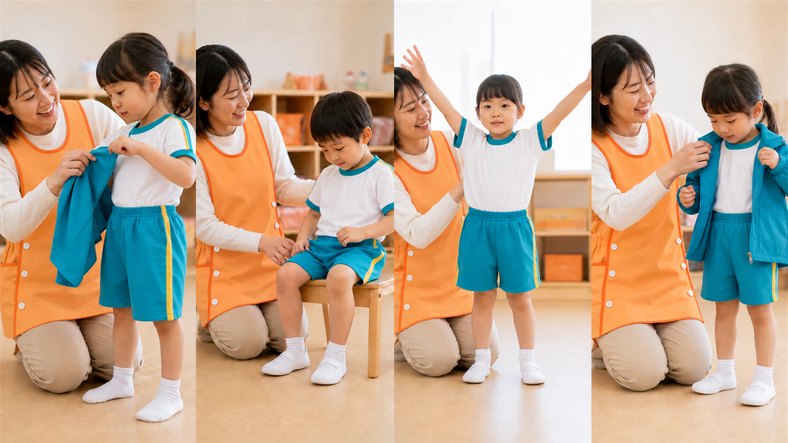 キリンジの体操服を着た子どもが、着脱・着席・腕上げ・上着の重ね着を試す4つの場面