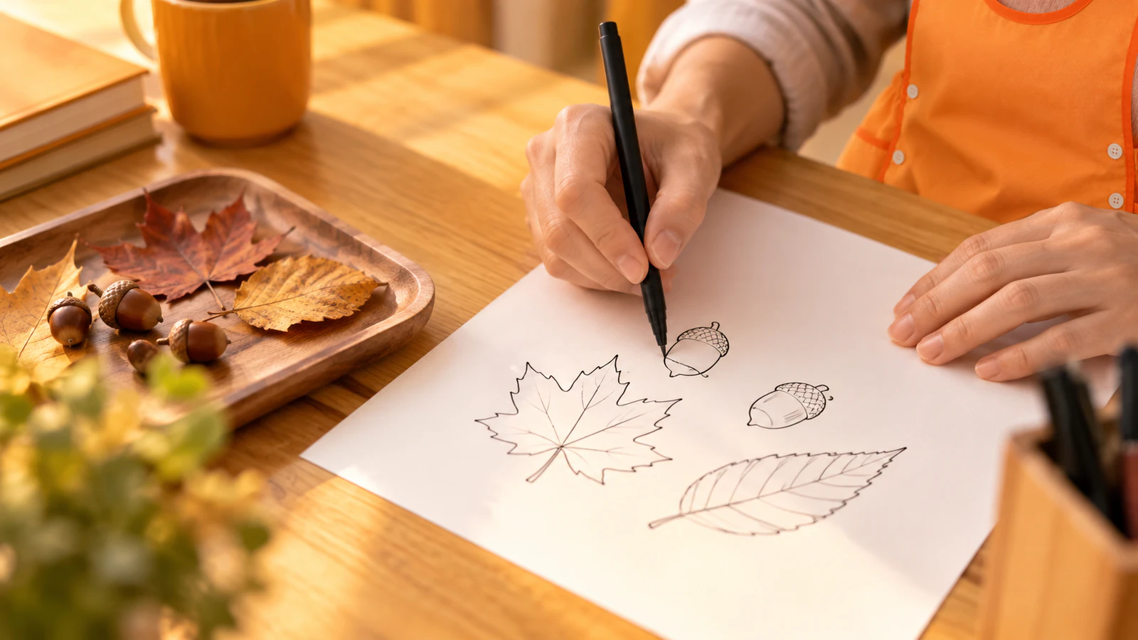 黒いペンで、机の上のどんぐりと落ち葉を見ながら紙に簡単な絵を描く先生の手元