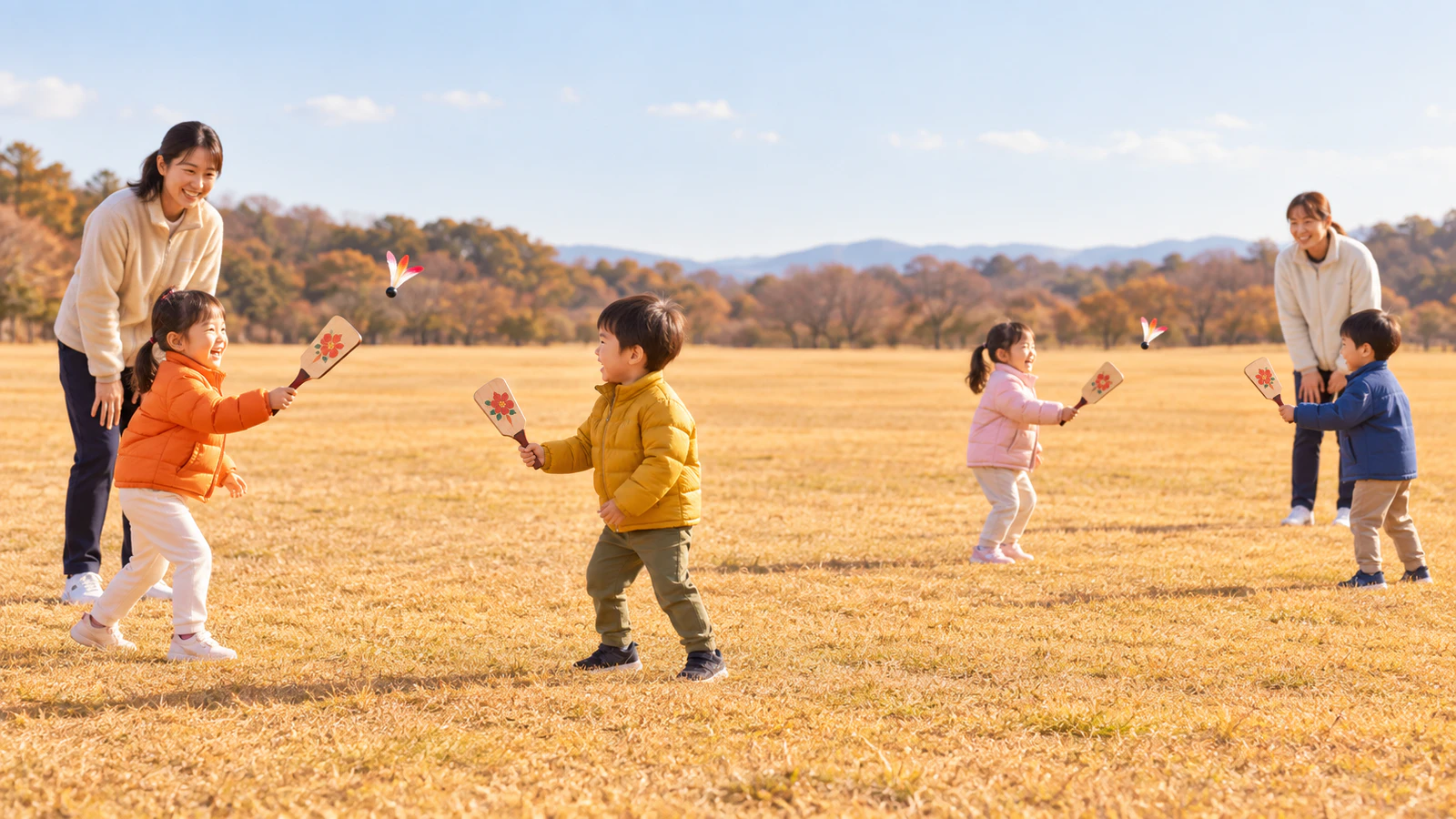 電線のない冬の広い原っぱで、先生が見守る中、間を大きくあけて羽根つきをする子どもたち