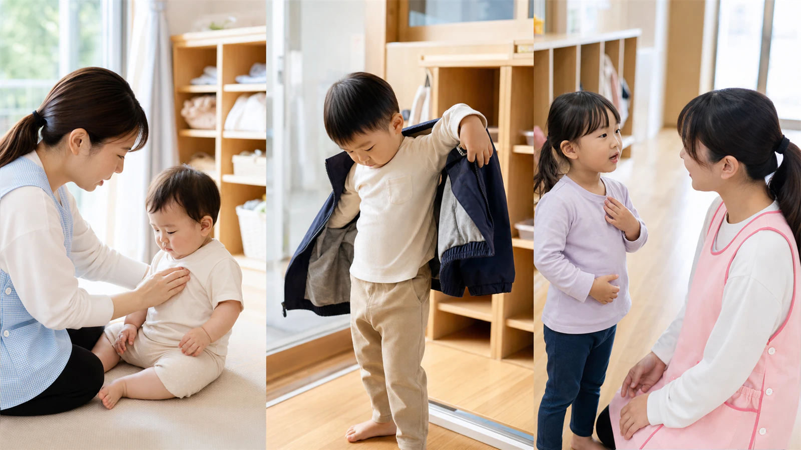 乳児、1・2歳児、3〜5歳児が冬服を生活場面で調整する様子