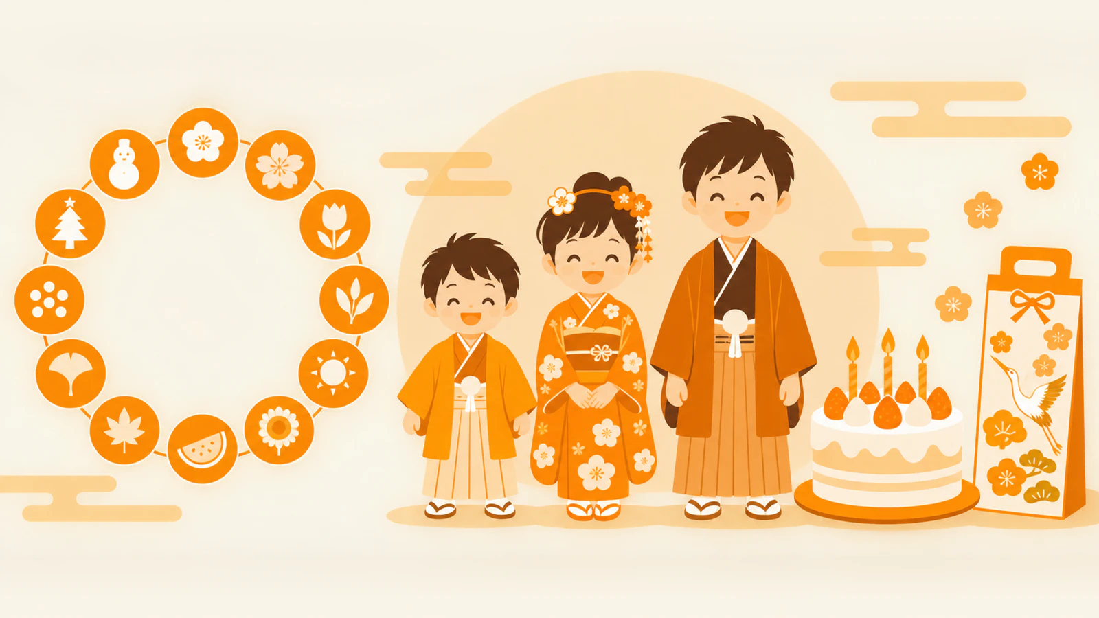 背丈の違う晴れ着の子ども三人と、一年の月を表す十二の丸、誕生日のケーキと千歳飴の袋を並べた図