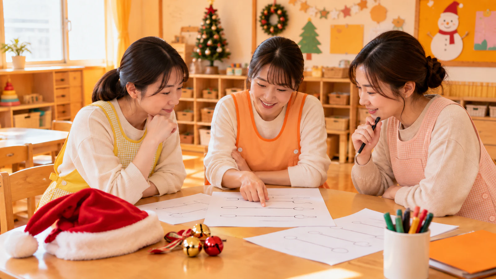 保育室の机で、先生たちが進行表の紙と鈴、サンタの帽子を囲んで打ち合わせをしている様子