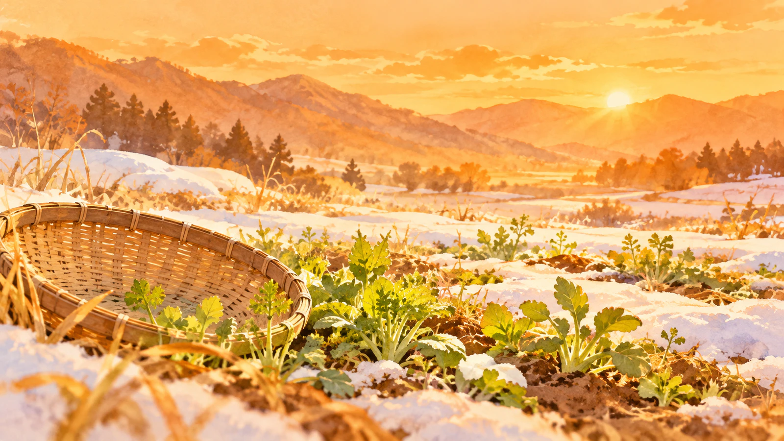 雪の残る野で芽を出した若菜と、昔の籠を置いた、冬から春へ移る野の様子