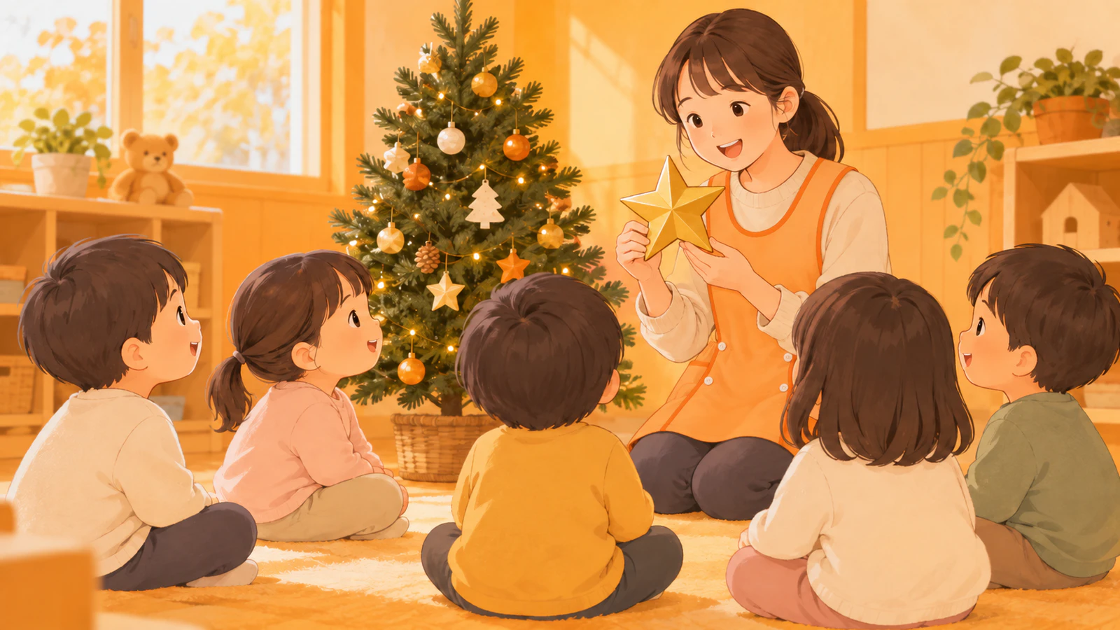 保育室の小さなクリスマスツリーのそばで、先生が星の飾りを手に持って話し、普段着の子どもたちが座って聞いている様子