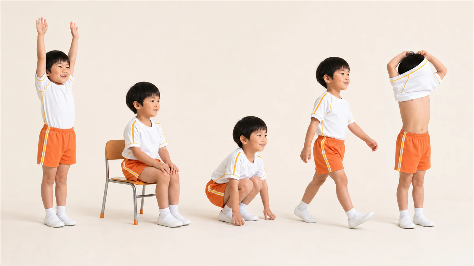 キリンジのオレンジ色の体操服を着た同じ子どもが、腕上げ・着座・しゃがみ・歩行・着脱を試す様子