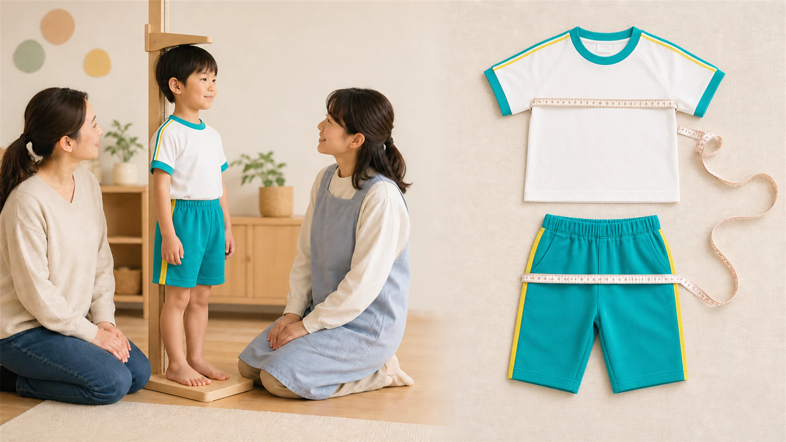 キリンジの体操服を着た子どもの身長と、平置きした上衣・半ズボンの寸法を確認する様子