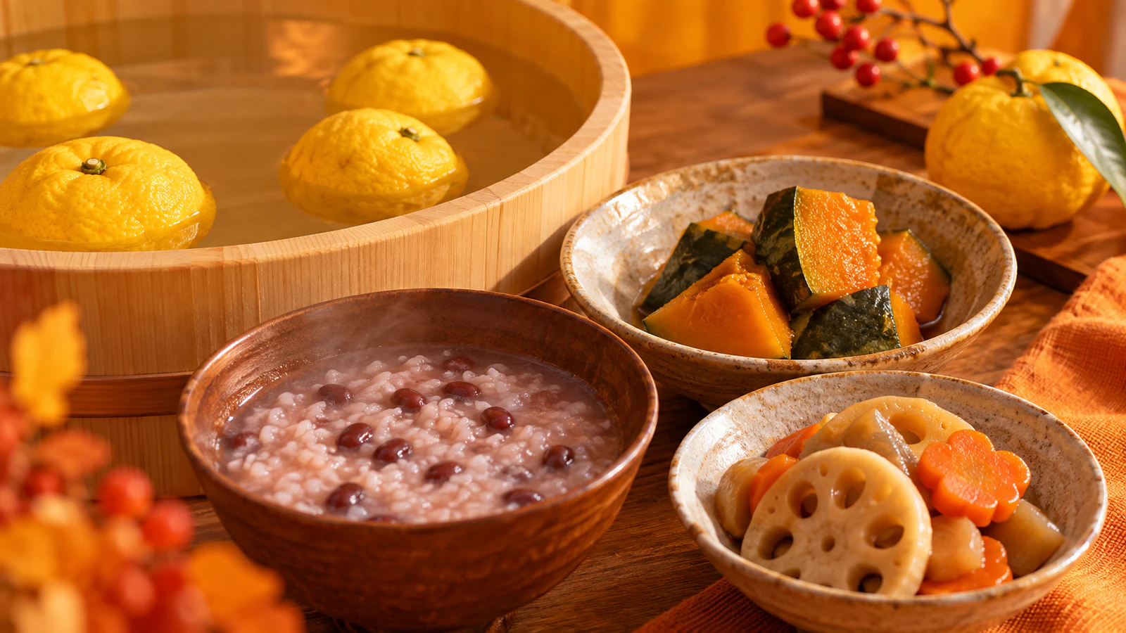 湯おけに浮かぶ黄色いゆずと、煮たかぼちゃ、小豆粥、れんこんとにんじんの煮物を並べた冬の食卓