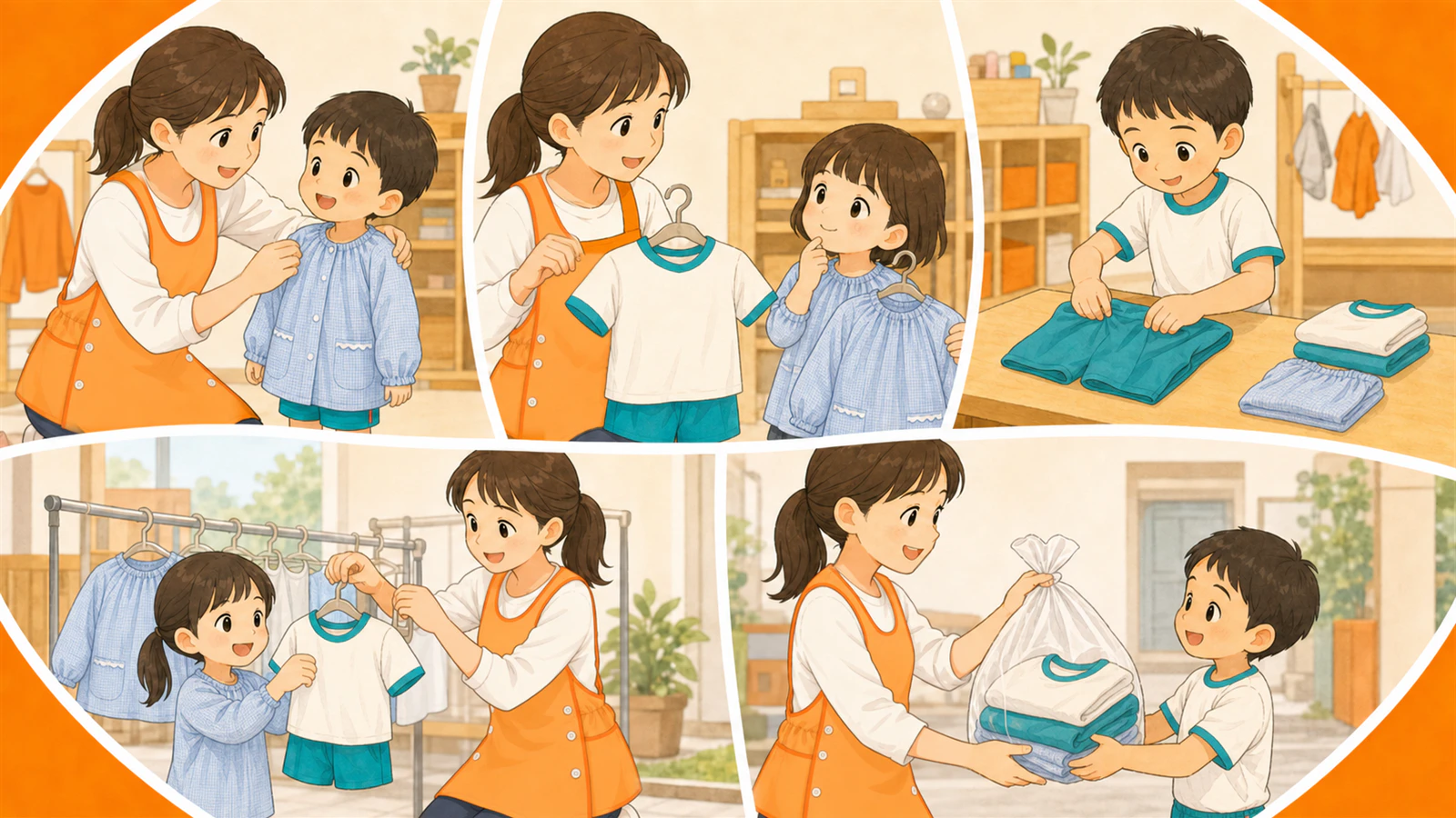 キリンジのスモックと体操服を使い、着る・選ぶ・畳む・掛ける・引き継ぐ服育活動